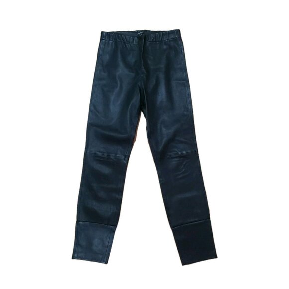 Theory Pants Black Lamb Adbelle Leather Stretch  Leggings Size 8 Elastic Waist - Picture 1 of 13